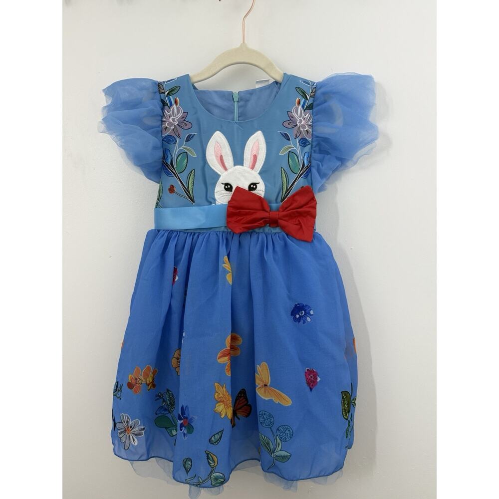Mini Taylor Girls Dress 3-4Y Blue Bunny Embroidered Tulle Puff Sleeves